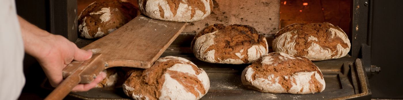 Bäcker schiebt 7 Laib Brote in den Brotbackofen.